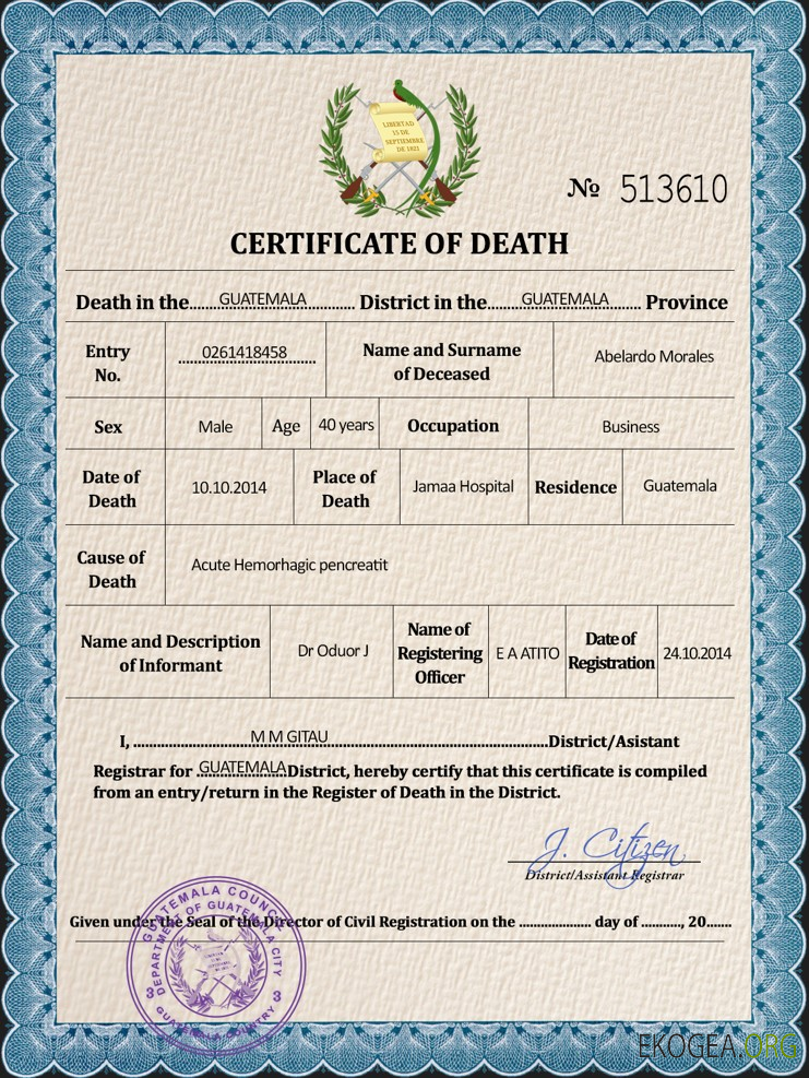 Modèle PSD de certificat de décès d'état civil du Guatemala